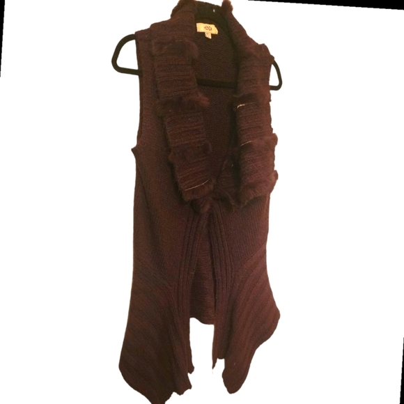 🔖Final Sale! Hendi Brown Asymmetrical Long Duster Sweater Vest with Fur Trim - Picture 5 of 16